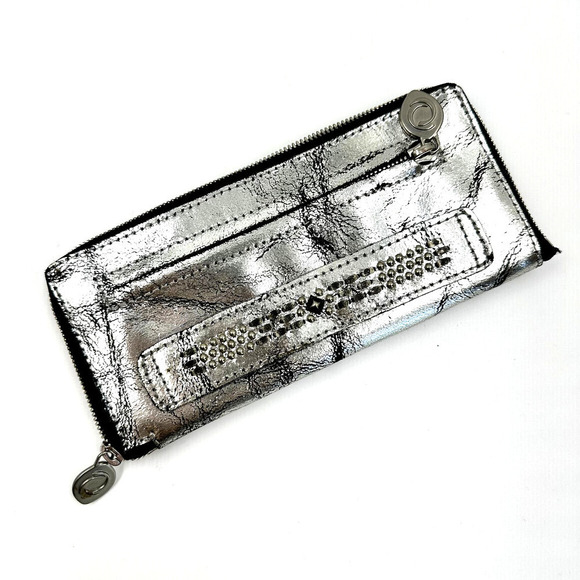 Calleen Cordero Studded Antiqued Metallic Leather Wallet Silver - Picture 2 of 12